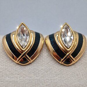 Swarovski Dark Green & Clear Marquise Crystal Earrings Gold Plated Vintage SAL